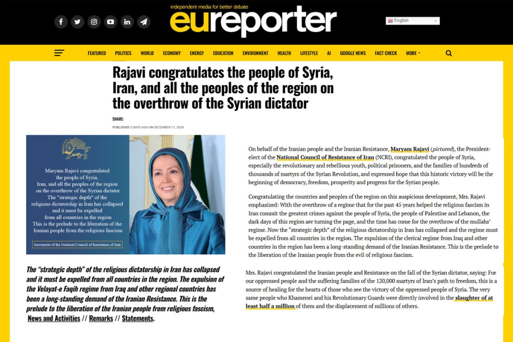 Rajavi congratulates the people of Syria, Iran, and all the peoples of the region on the overthrow of the Syrian dictator