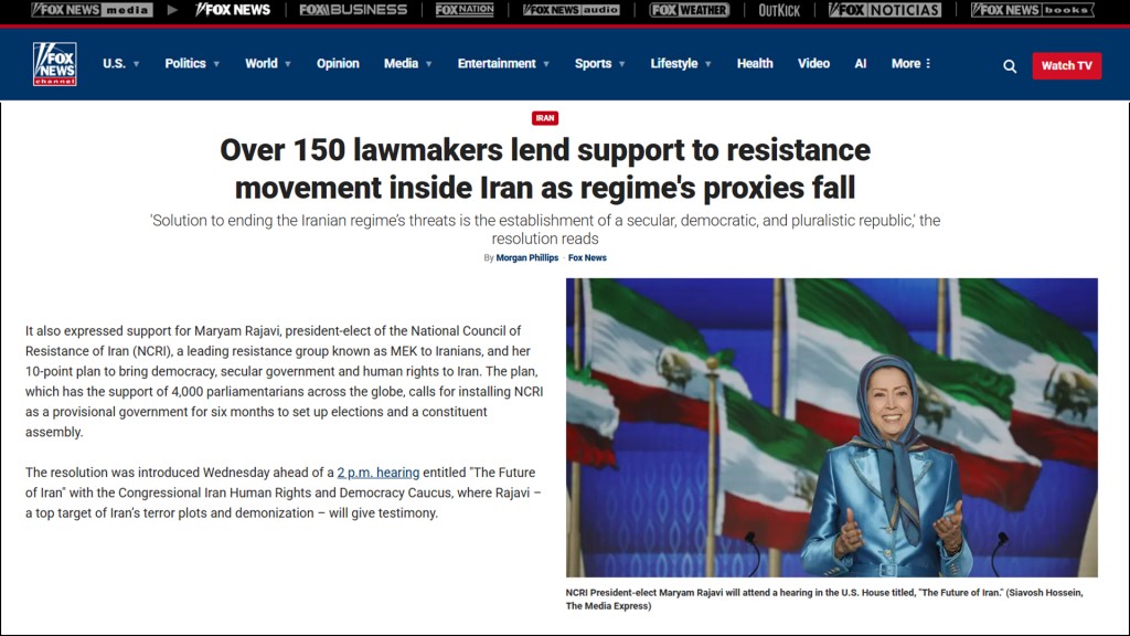 Over 150 lawmakers lend support to resistance movement inside Iran as regime’s proxies fall